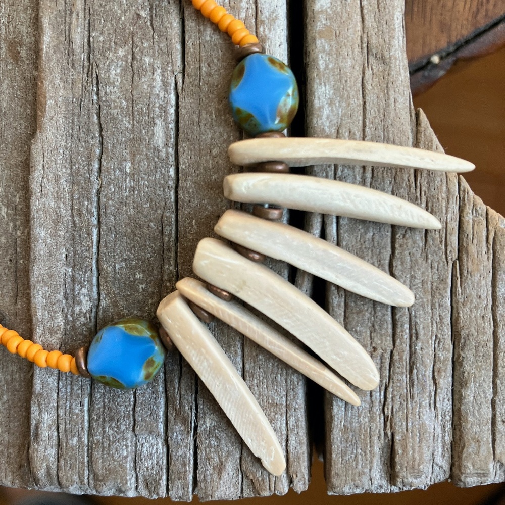 handmade blue glass and czech seed bead necklace natural elements with shards